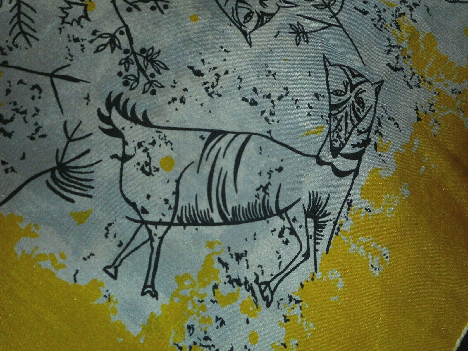 Holt Renfrew & Co Silk Scarf Yellow PreHistoric Fantasy Animals Drawings Wht Blk