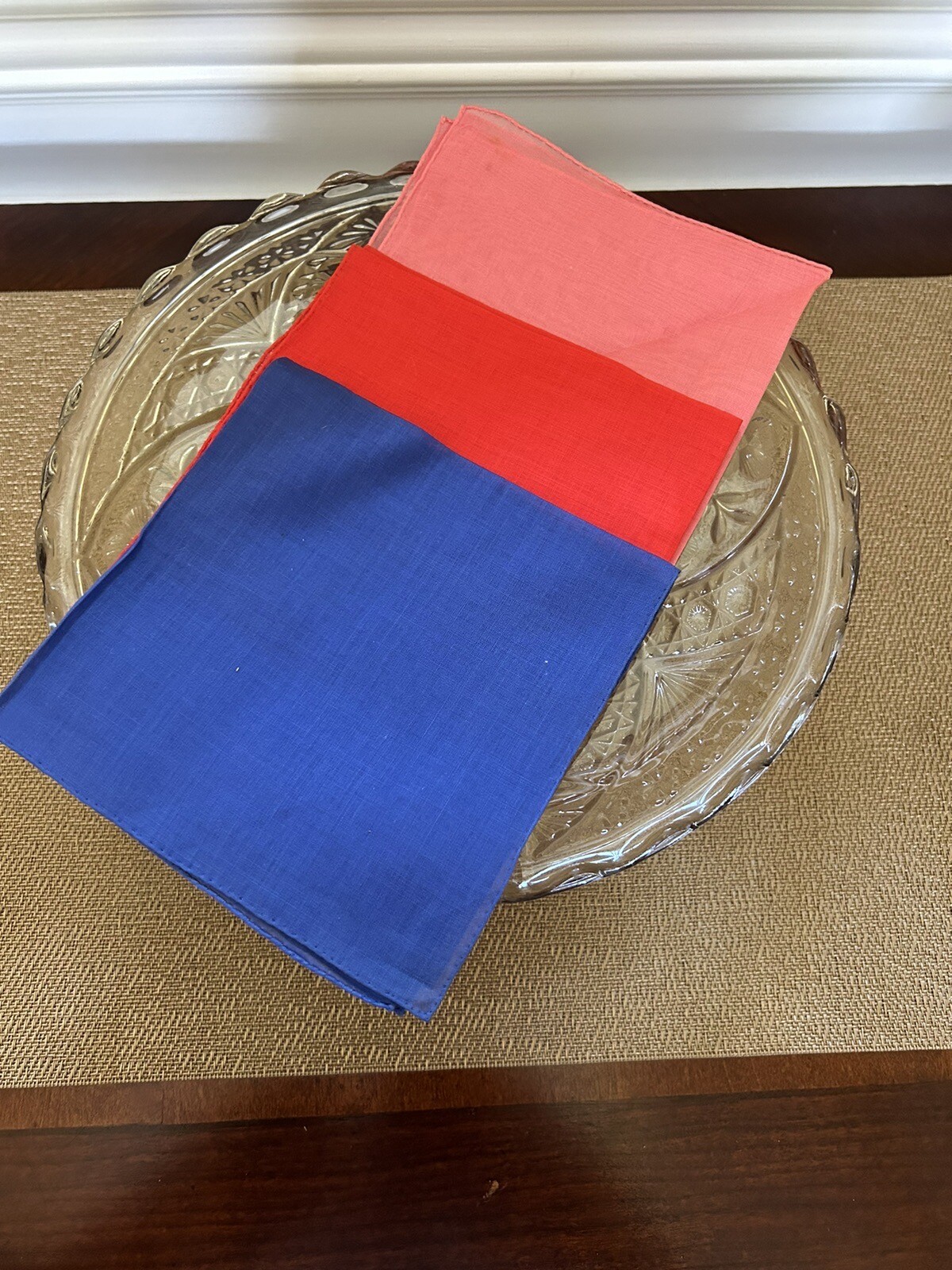 Vintage Blue, Red and Pink Handkerchief, set of 3, 10 1/2″ square, Pocket square