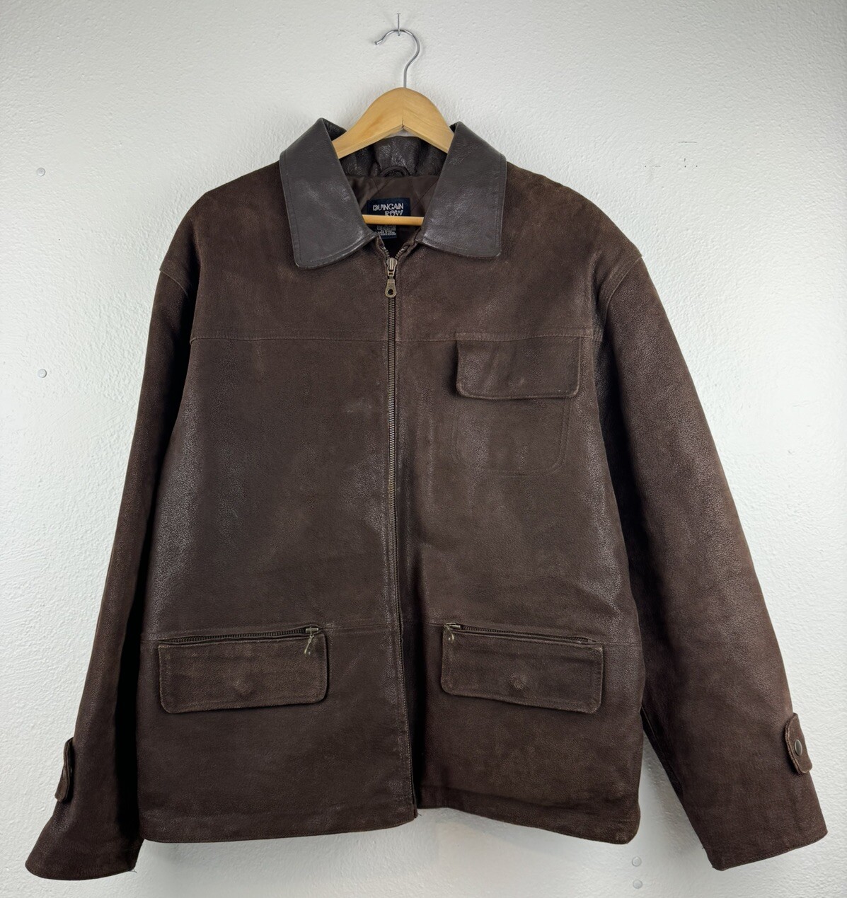 Vintage Duncan Row Brown Leather Hunting Work Jacket 3 Pockets