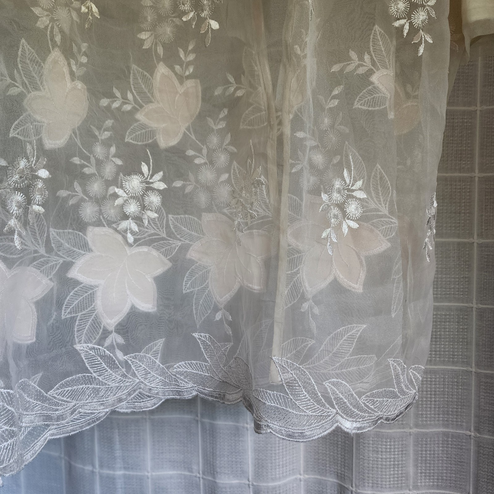 Vintage Sheer Floral Embroidered Blouse Ivory Puff Sleeve Mesh Overlay Women’s M