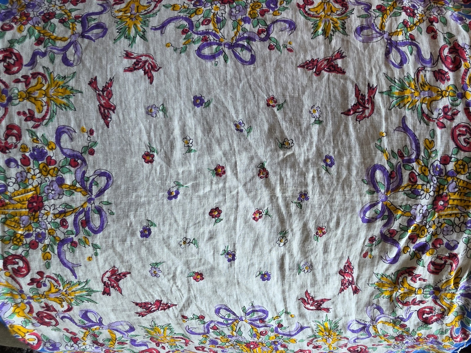 Vintage Handkerchief White Blue Yellow Red Purple Classic Hanky Flower Bird Bow