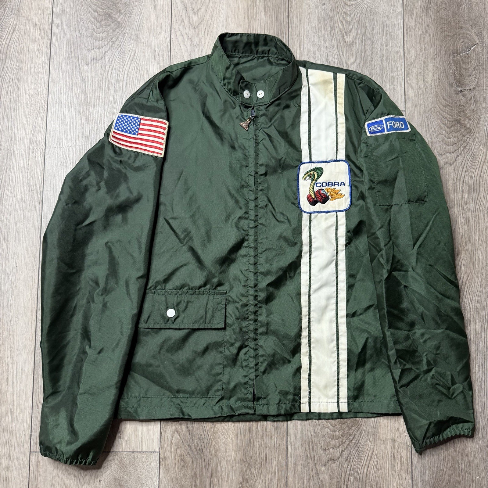 Vintage 60s 70s Ford Nylon Racing Jacket Shelby Cobra Mustang XL UNLINED Green