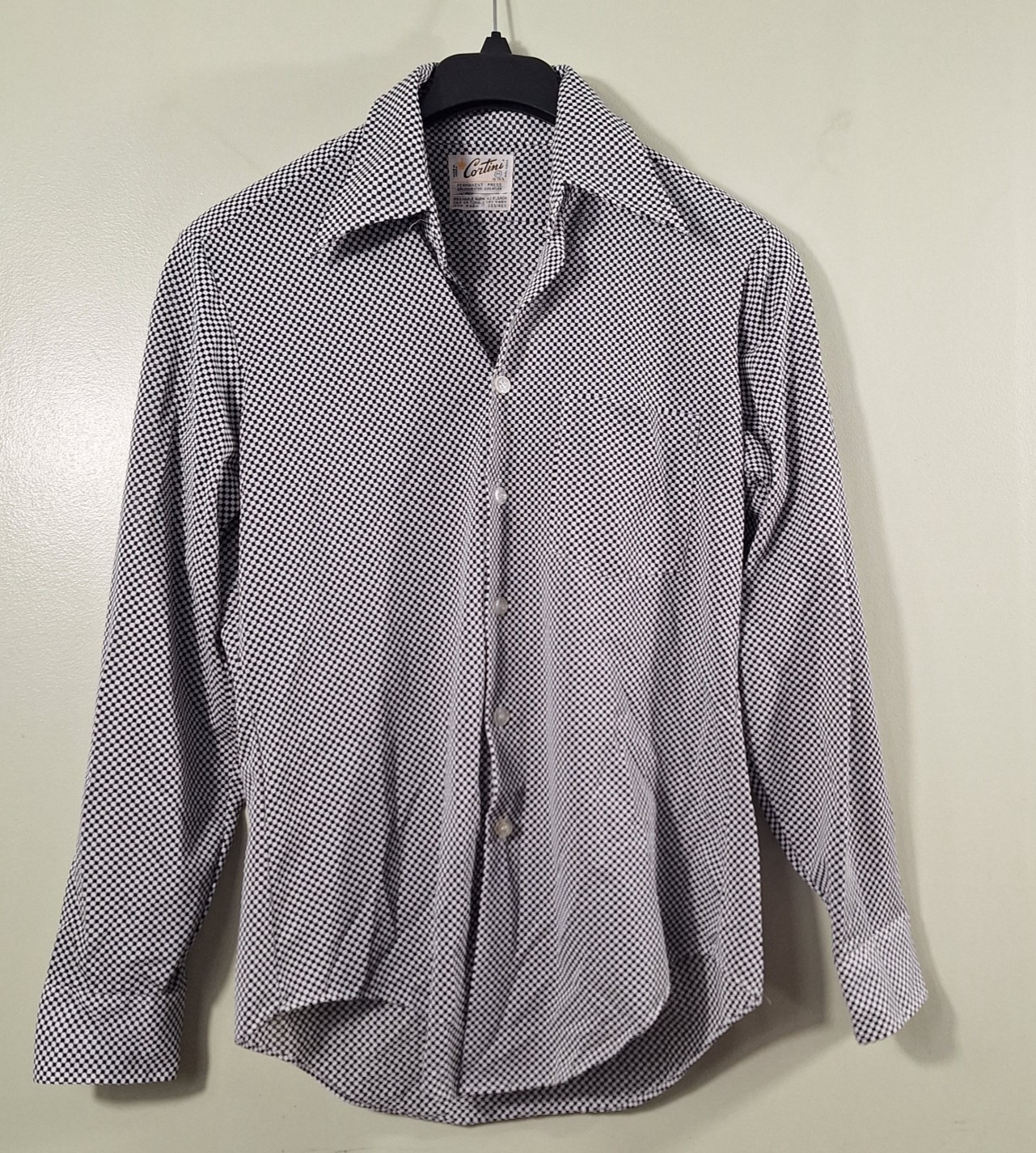 Vtg 70’s Cortini Checkered Shirt Men M 15-15.5 Black White Disco Point Collar