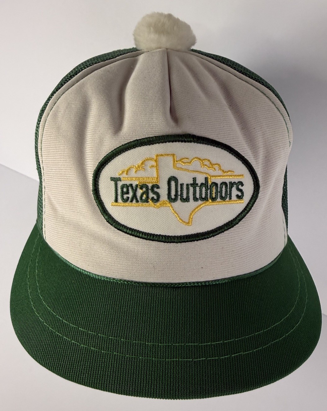 VTG RARE Texas Outdoors Foam/ Mesh Back Trucker Cap Hat Green/White Pom Pom Top