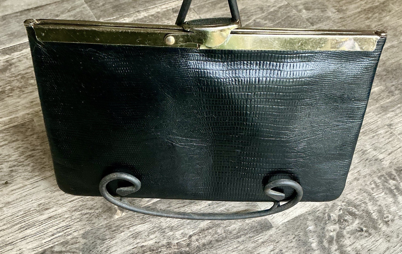 Vintage Evans Black Lizard Embossed Leather Clutch Gold Chain Strap Bag