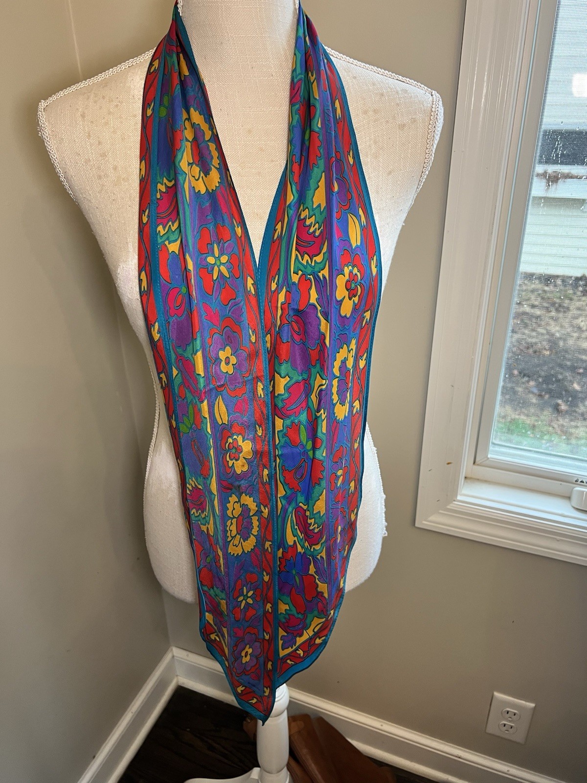 Vintage Geometric Silk Scarf Red Navy Blue Cream Mid-Century Modern Grid Print