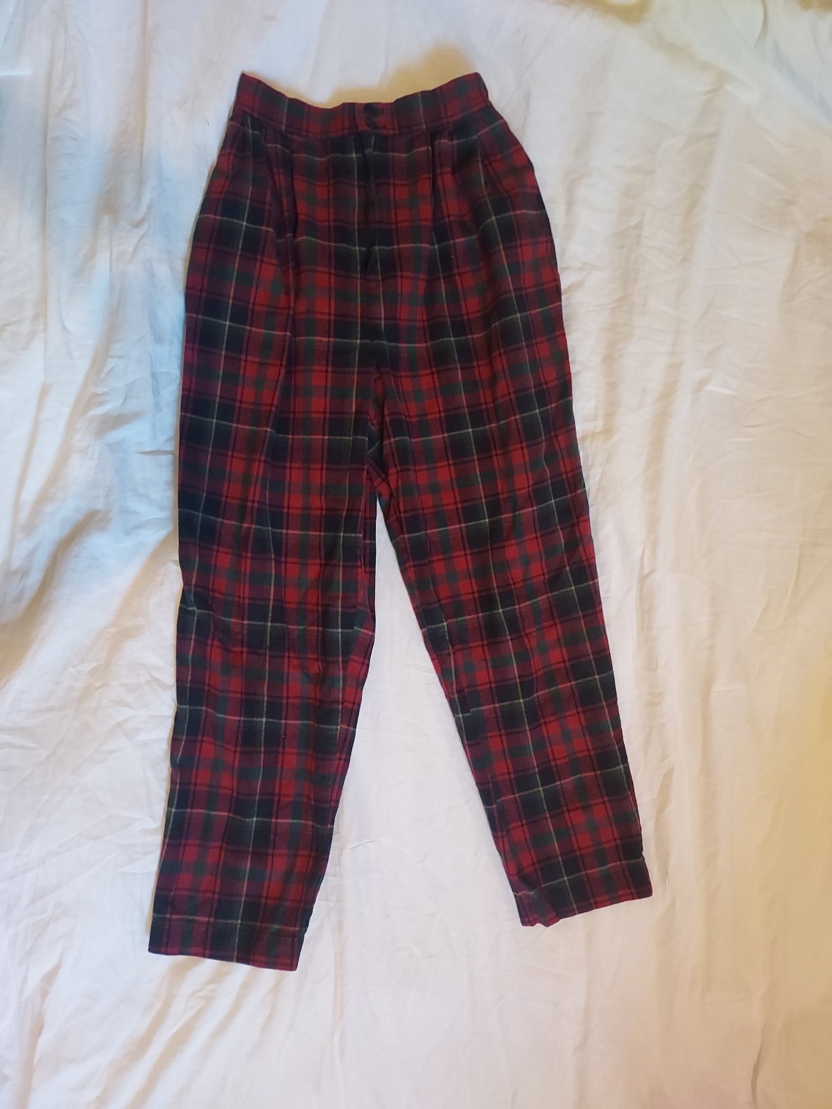 Vintage Red Green Navy Plaid Tartan Wool Pants 6 Pleated Front Pockets
