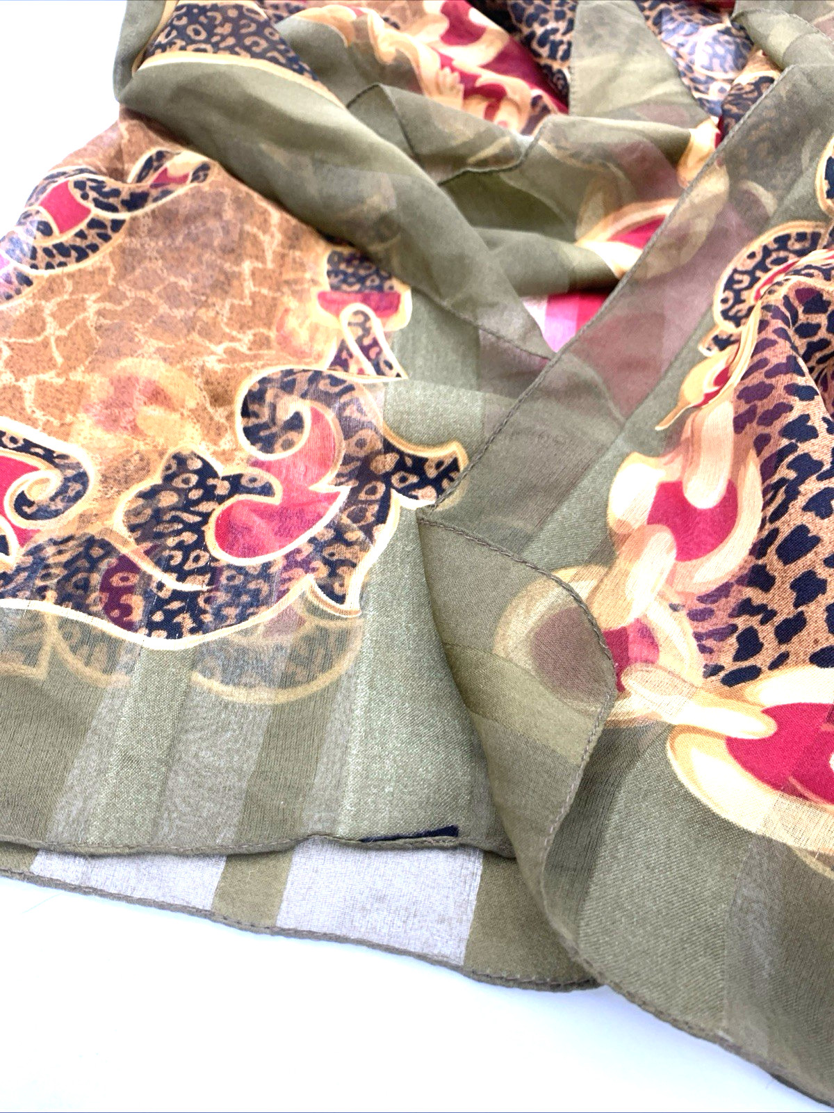 Animal Print Chain Design Scarf 34” Square OLIVE GREEN RED GOLD BLACK
