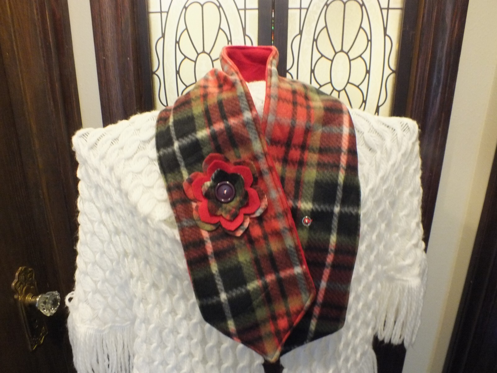 Handmade New Scarf Neck Warmer Red olive Black Handmade Flower 42×5″ Soft Fleece
