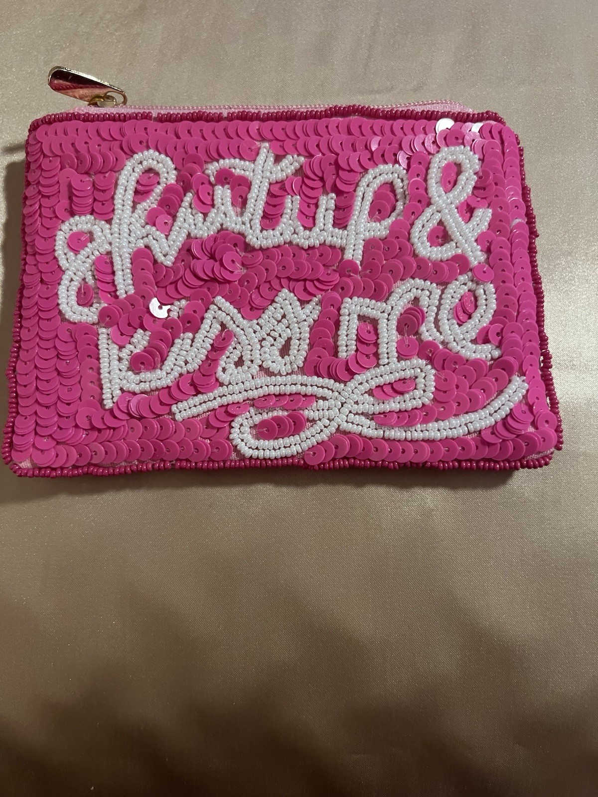 Shut Up & Kiss Me Beaded Pink And White Coin Pouch Made In India