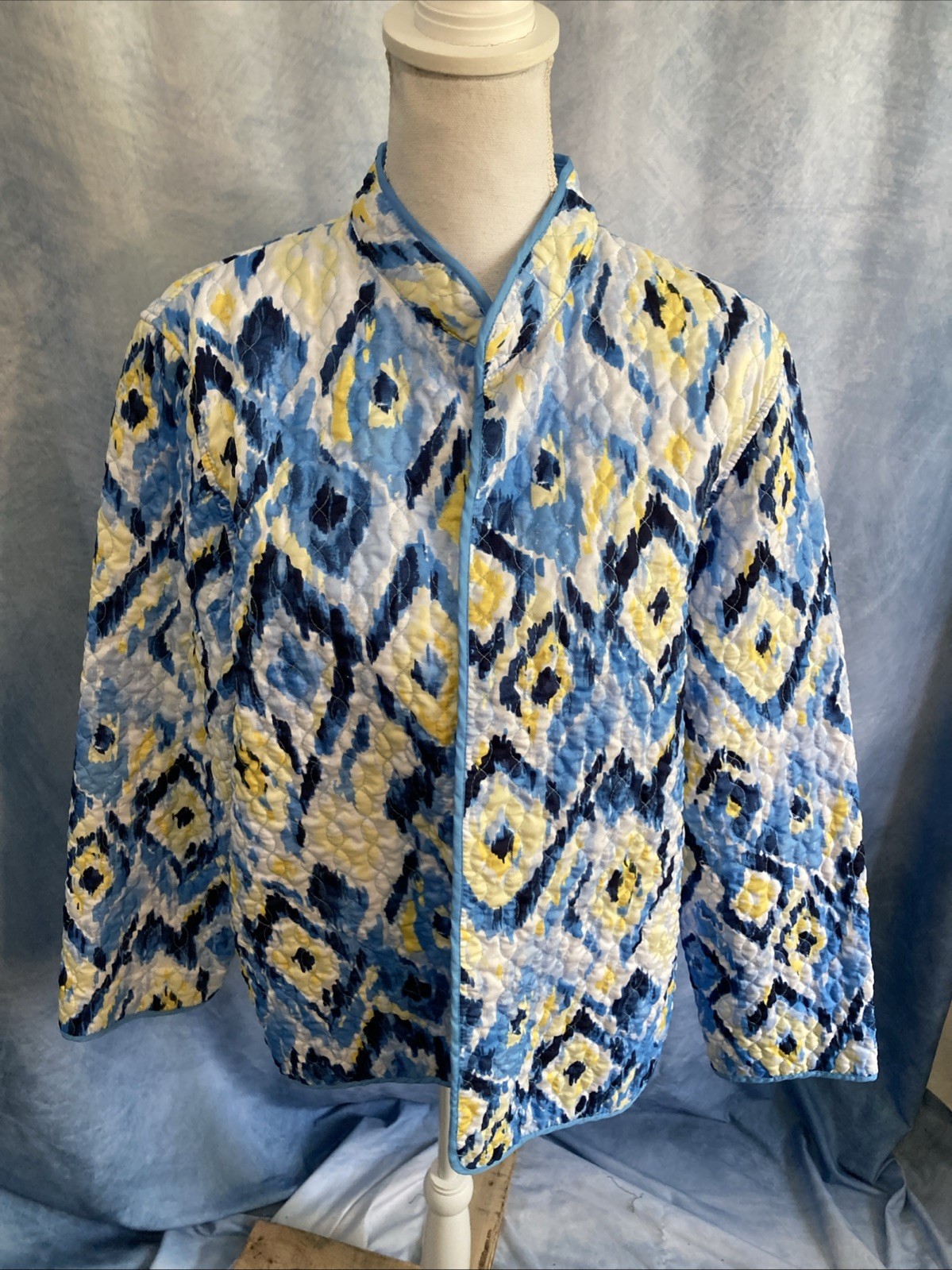 Vtg 90s Y2K Alfred Dunner Quilted Boho Jacket Plus 18 Blue Yellow Ikat Diamonds