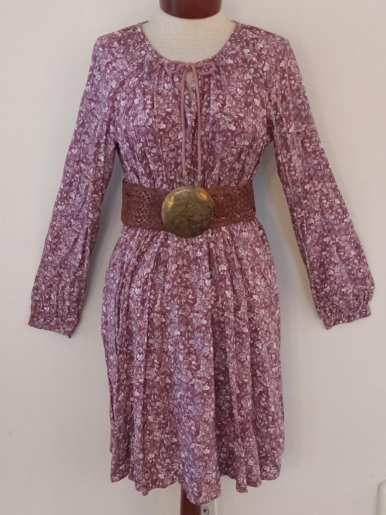 VINTAGE 1970s BOHO HIPPIE PURPLE BERRY WINE RAYON PAISLEY FLORAL PEASANT DRESS M