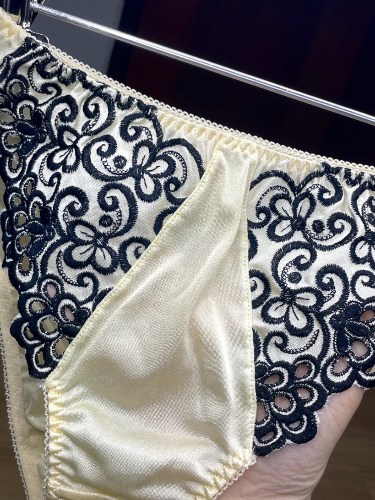 Vintage Light Yellow Nylon Panty Slippery High Leg Briefs Black Lace Bikini Sz.5