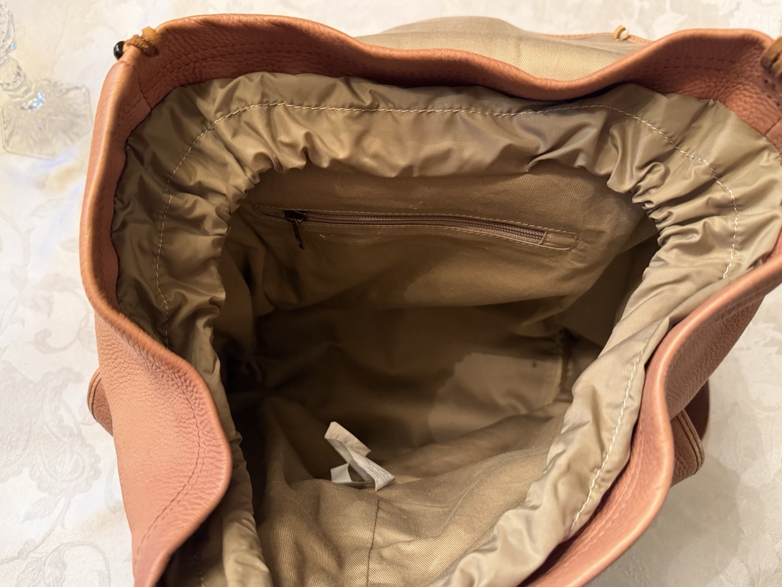 L.L Bean Large 17” Tan Pebbled Leather Rucksack Backpack Southwest Style Beads