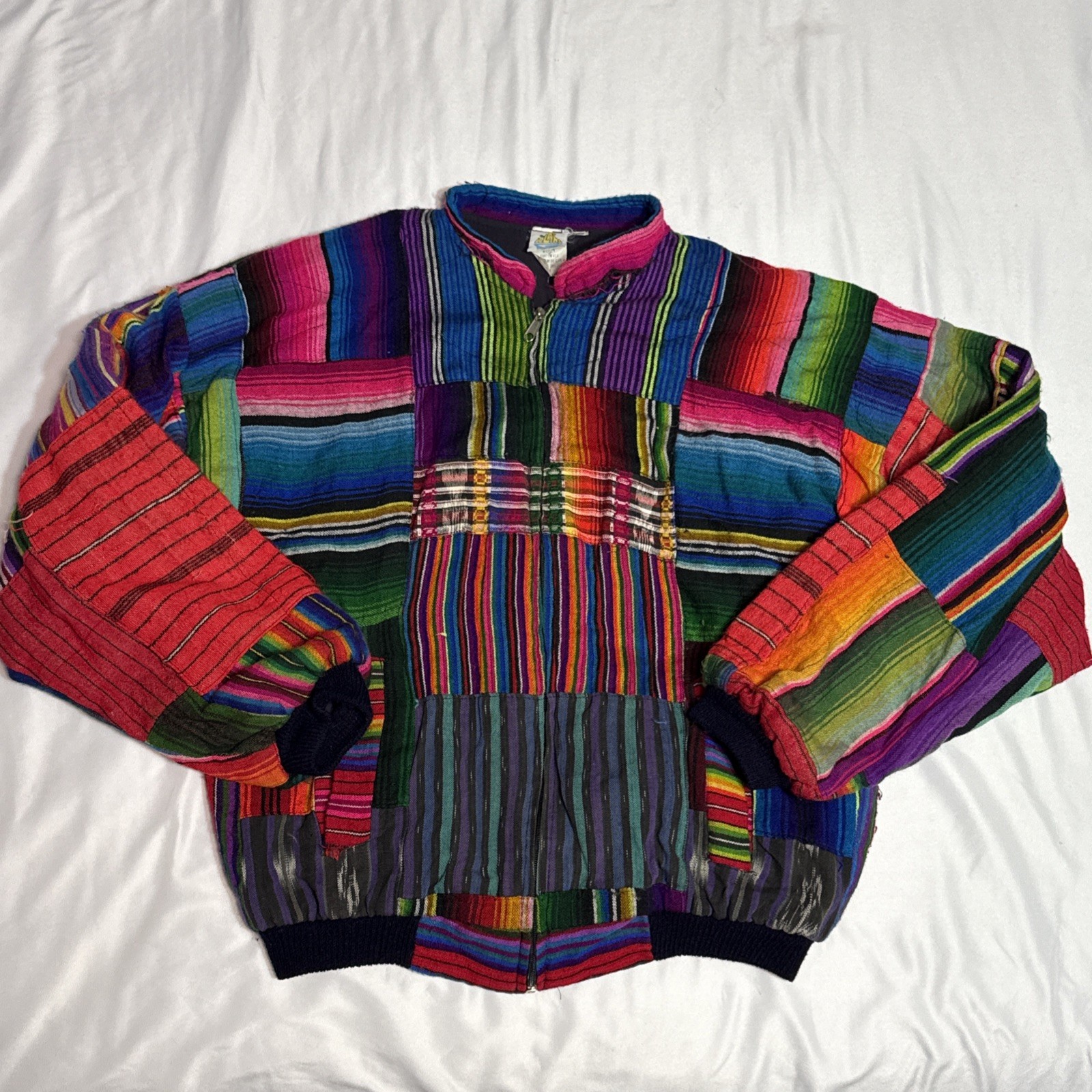 Hand Loomed Hippie Jacket Vibrant Patch Work Rockabilly 1990’s ISLAND Sz Large