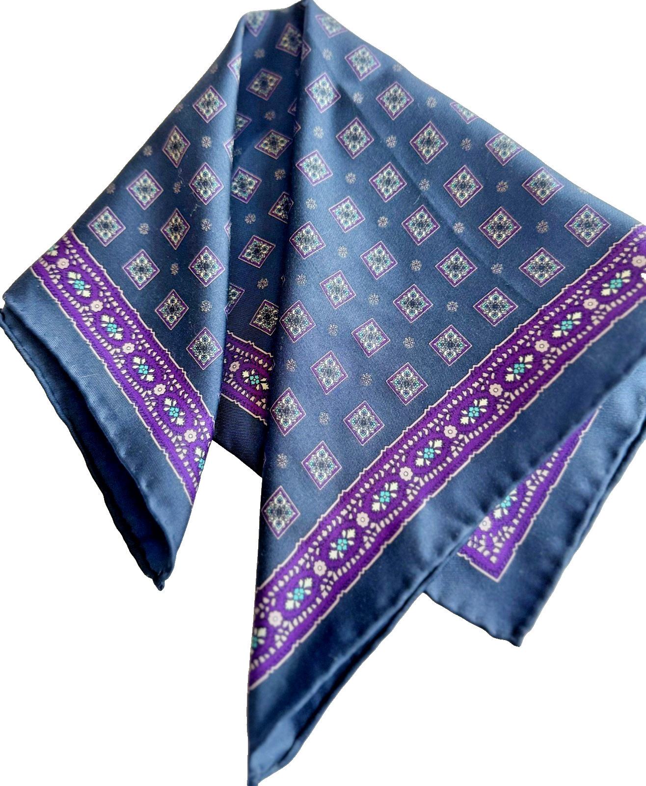 Vintage Blue/Purple Foulard Silk Scarf – Hand Rolled Edges, Classic & Timeless