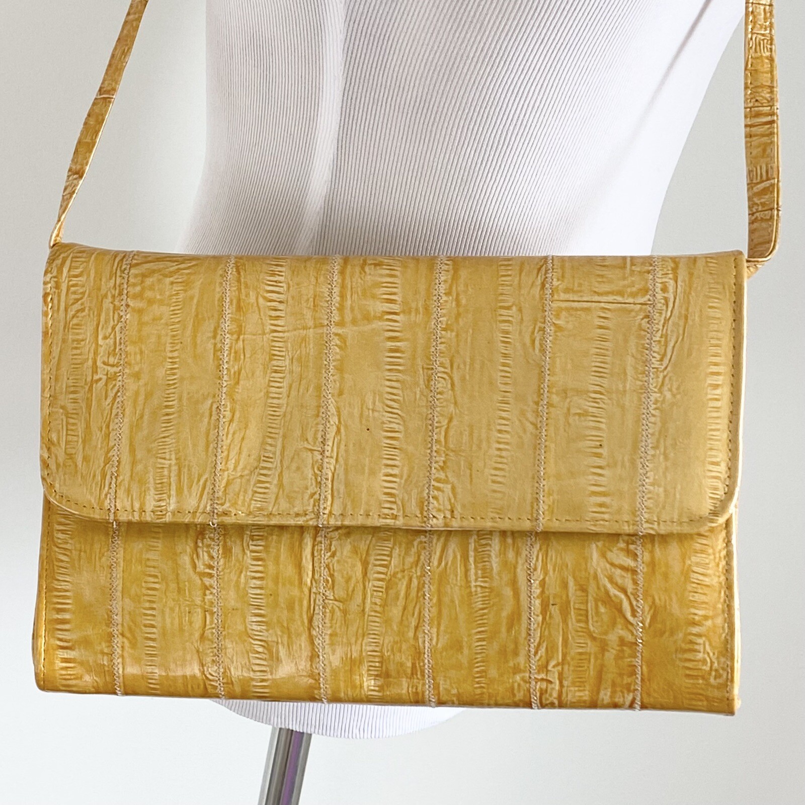 Vintage 1980s Bright Yellow Eelskin Leather Handbag Purse Crossbody Strap