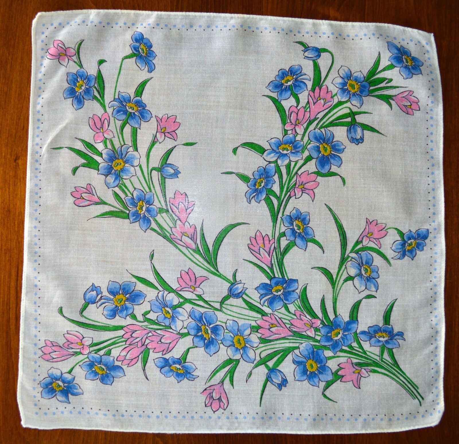 VINTAGE HANKY PRETTY FLORAL PRINT PINK BLUE ON WHITE POLKA DOT EDGING