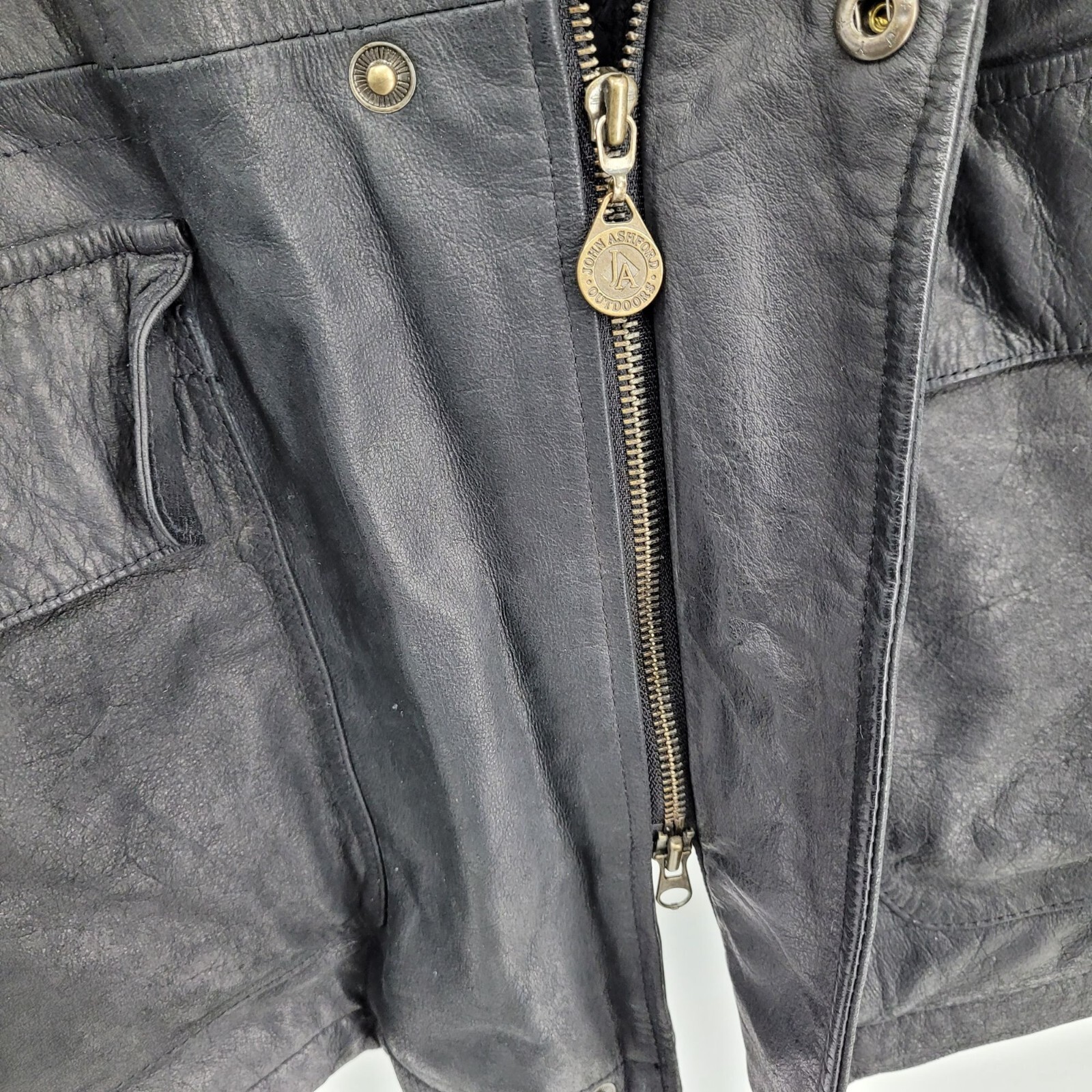 Vintage 80’s John Ashford Leather Coat L Anorak Jacket Collared Drawstring Black