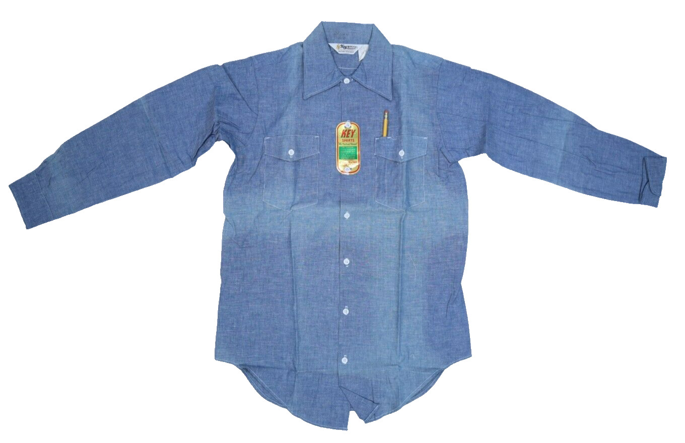 Vintage Key Imperial Mens Blue Long Sleeve Pencil Pocket Button Up Shirt 14 – 32