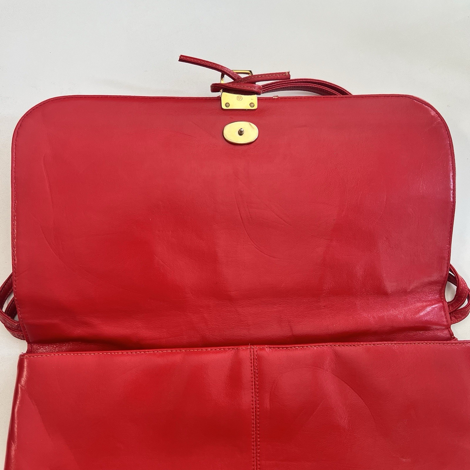 Vintage Lou Taylor Red and Beige Leather Purse Gold Hardware Double Sided Mirror