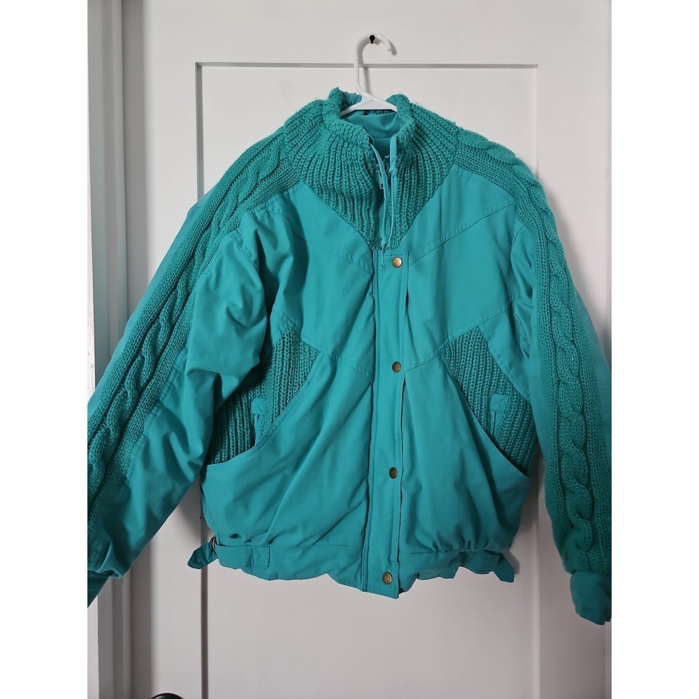 Vintage 80s Hot Spices Teal Mixed Media Knit Bomber Jacket – Size M