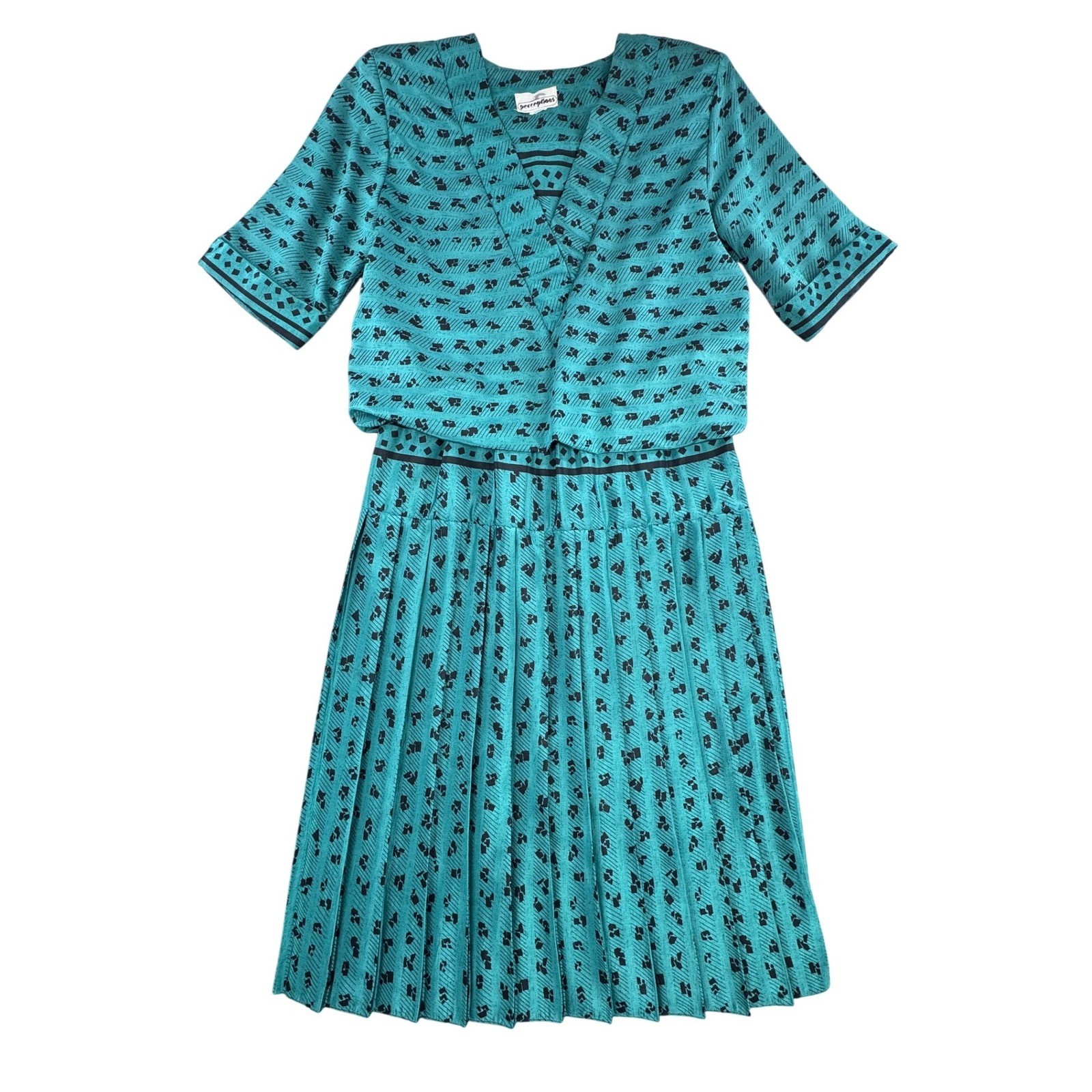 VTG Perceptions Teal Green Geometric Pleated Midi Dress Sz L SEE PICS