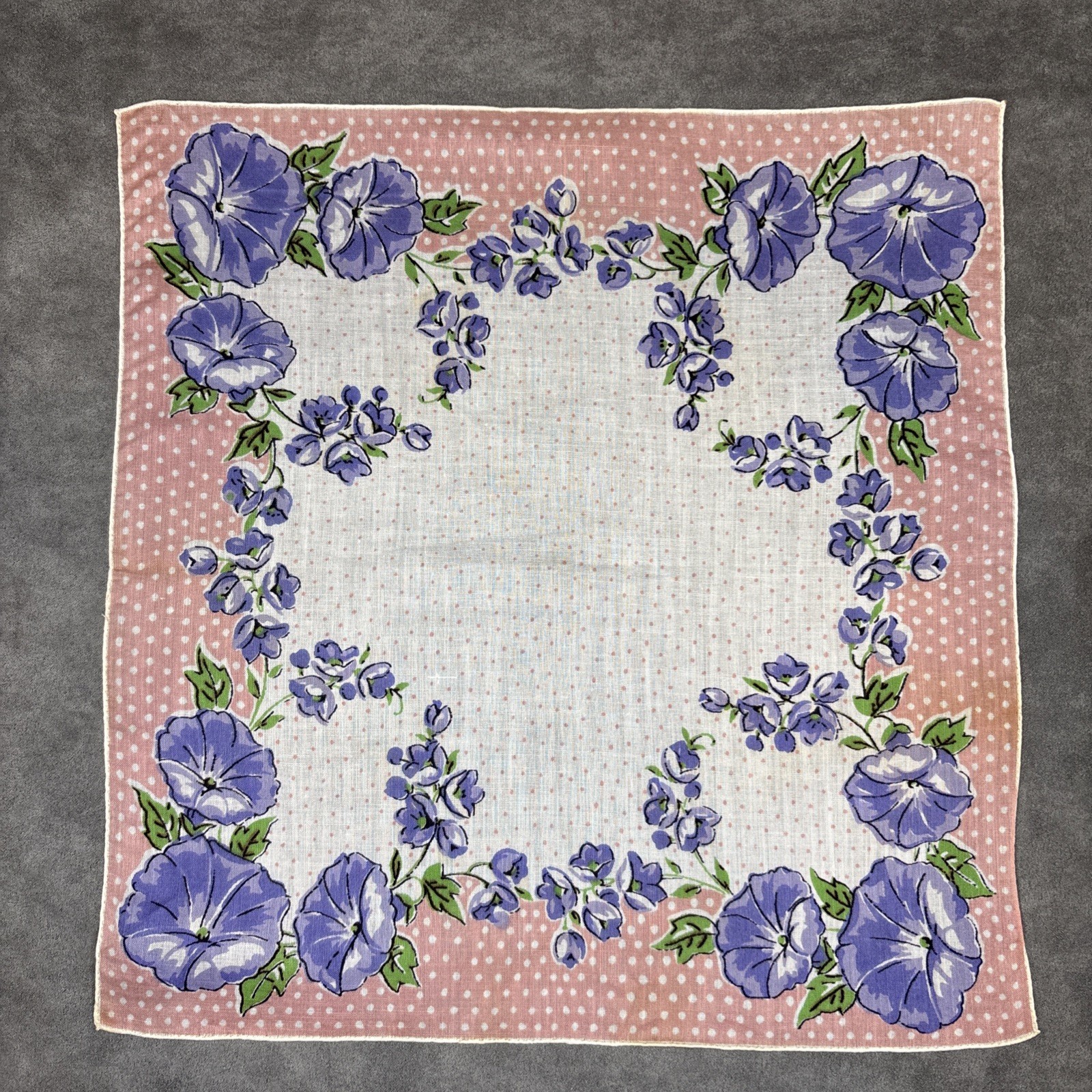 Vintage Floral Morning Glory Handkerchief Hanky Hankie Purple Pink Green 12”x12”