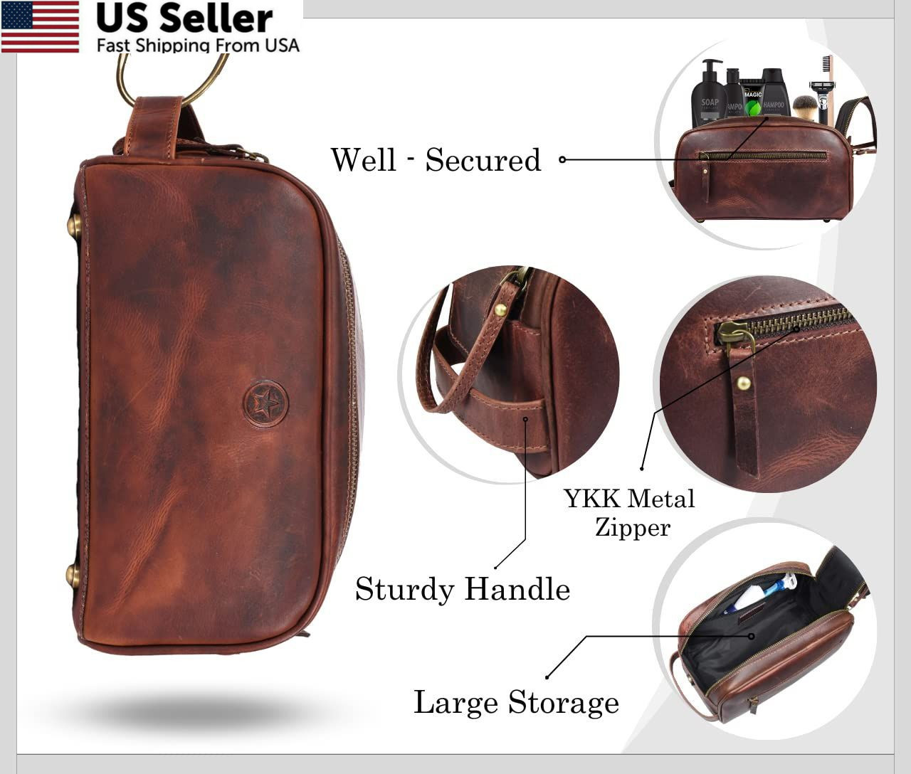 10″ Premium Leather Toiletry Travel Pouch 10.5 x 5.5 x Inch, Dark Brown