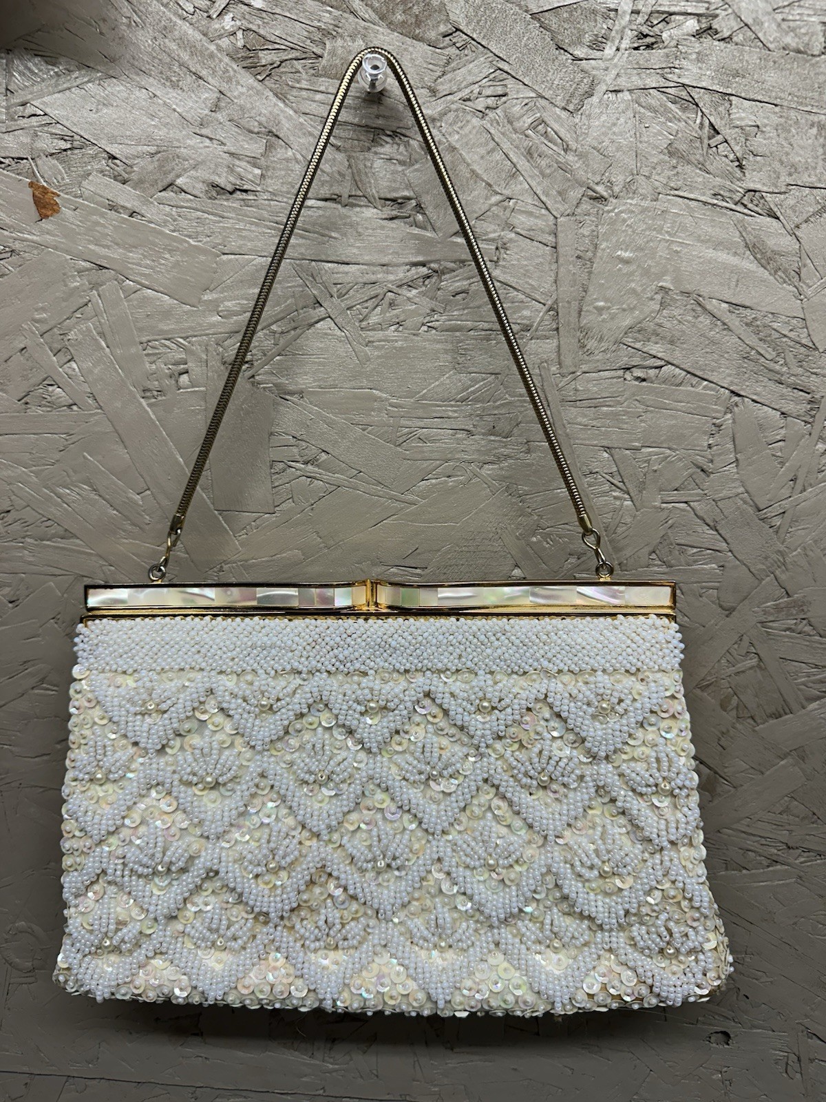 Vintage La Regale White Beaded Evening Purse Mother of Pearl Top Frame Sequins