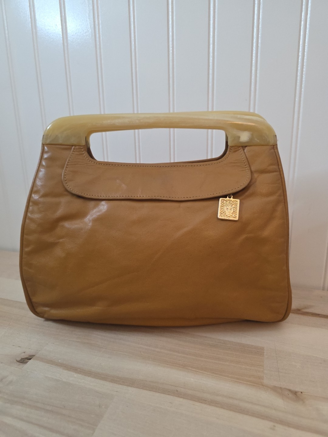 Vintage 80s Anne Klein Calderon Handbag Tan Leather Purse Lucite Top Handles