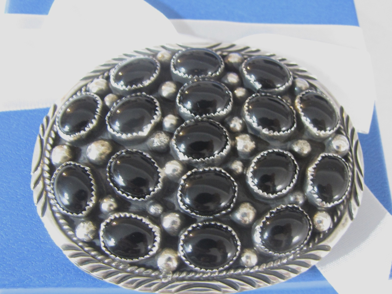 Vintage Navajo Sterling Silver Black Onyx Cluster Belt Buckle 70g GA Sterling