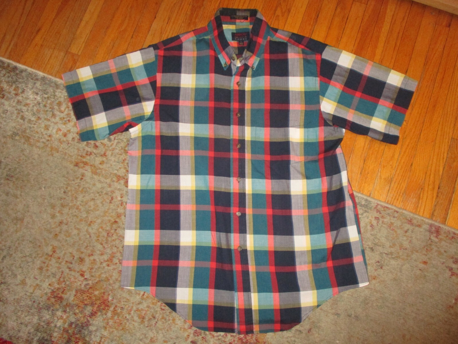 vtg 80s 90s ARROW SPORT PLAID BUTTON DOWN SHIRT Short Sleeve LARGE