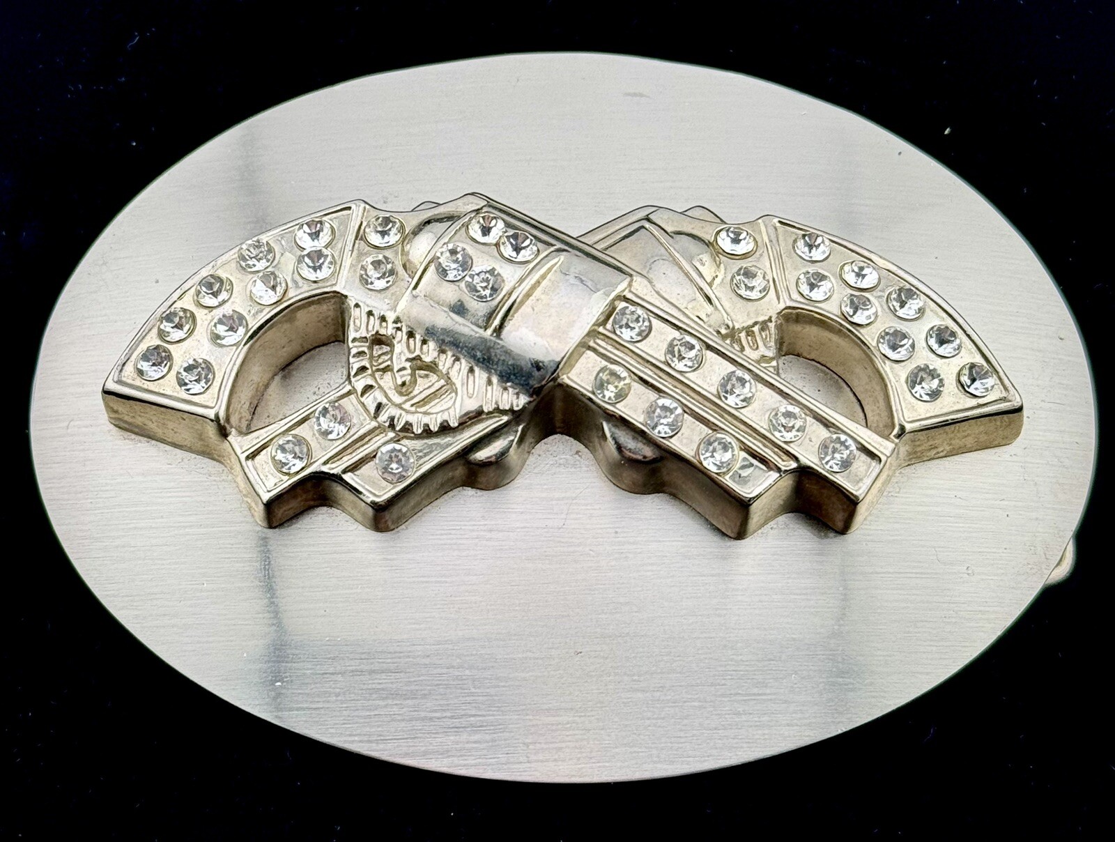 Crossed Guns Pistol Revolvers Six Shooters Rhinestone 5.25” Cowboy Belt Buckle