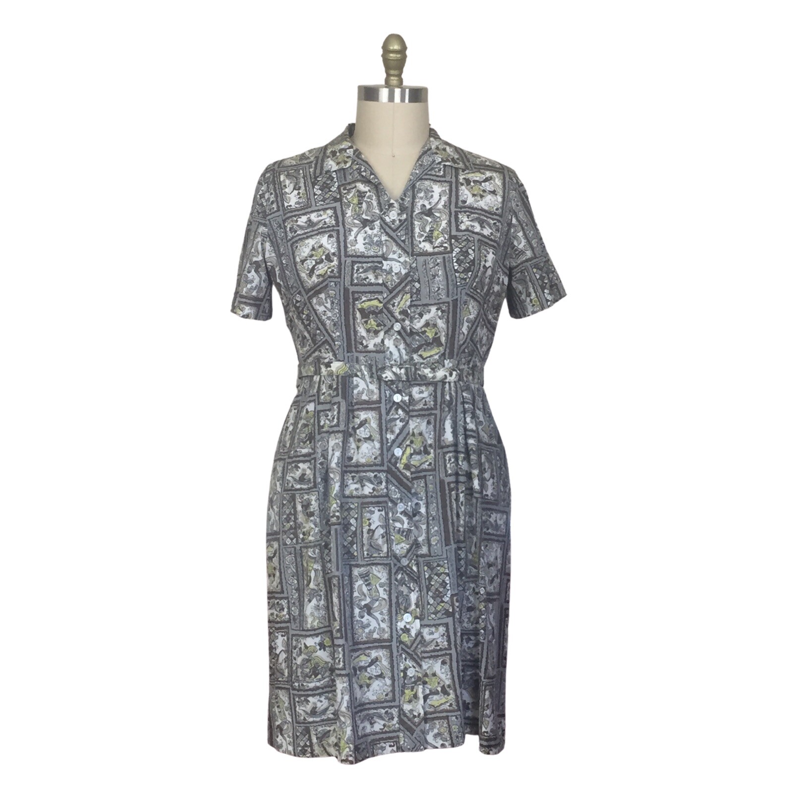 Vintage 1950s Plus Size Chartreuse Gray White Novelty Print Cotton Day Dress