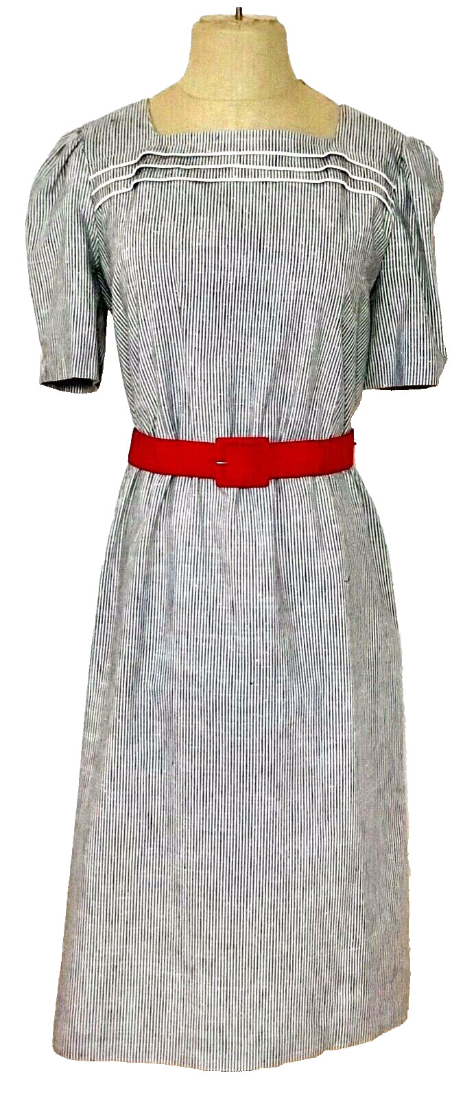 VINTAGE MS. SUGAR BLACK & WHITE STRIPE DRESS, RED BELT, SIZE 10