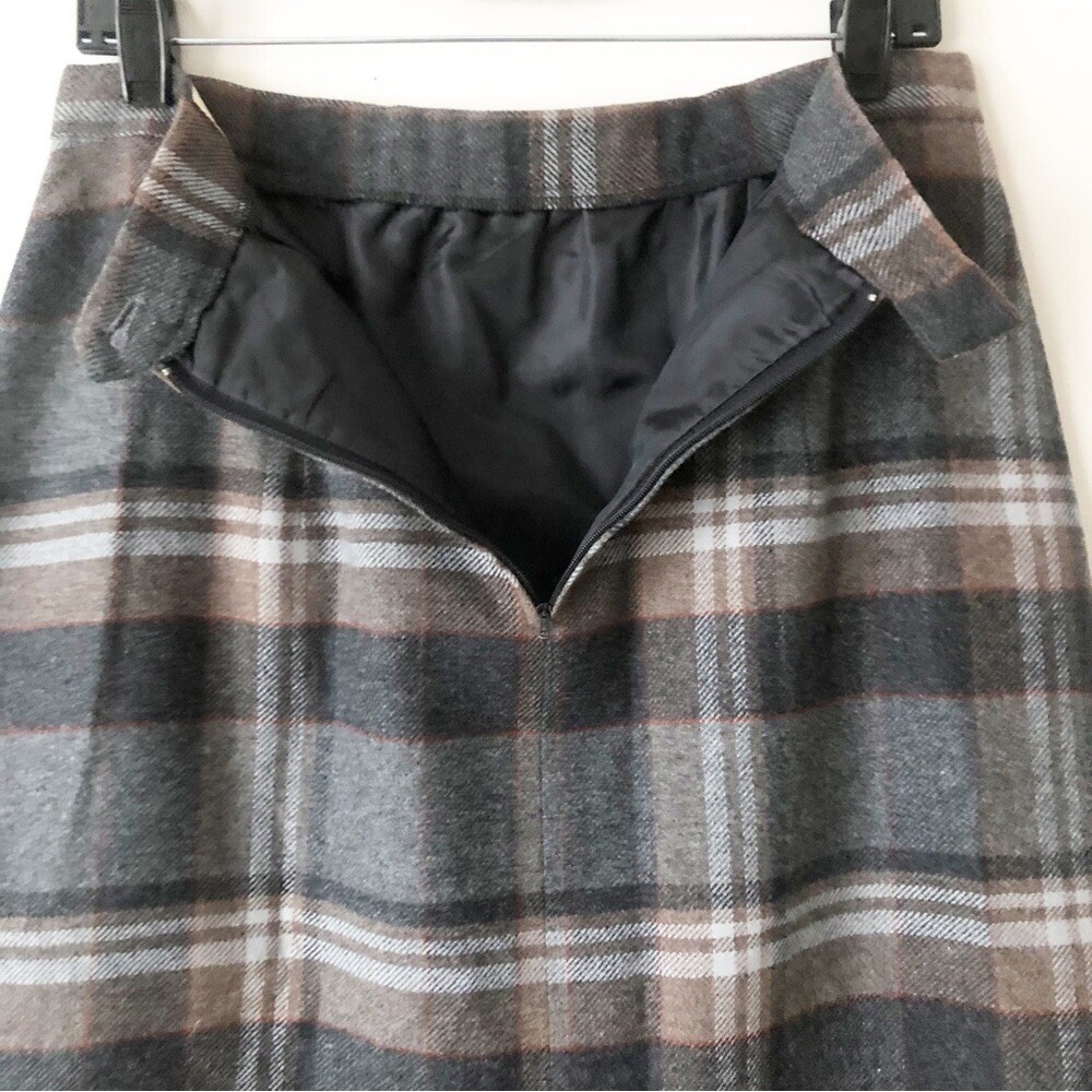 Vintage 80s Anderson Little Wool Blend Gray Plaid A-Line Midi Skirt