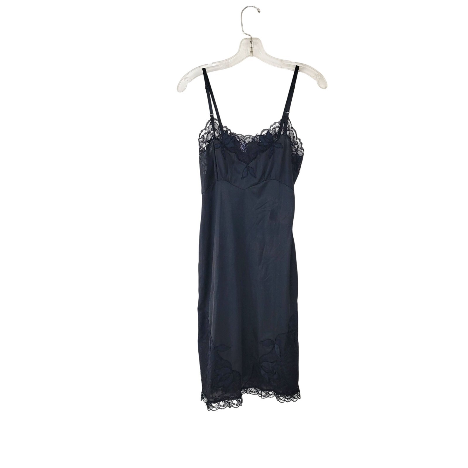 Black Lace Trim Nylon Slip Dress With Adjustable Straps Vintage Size 36 Small