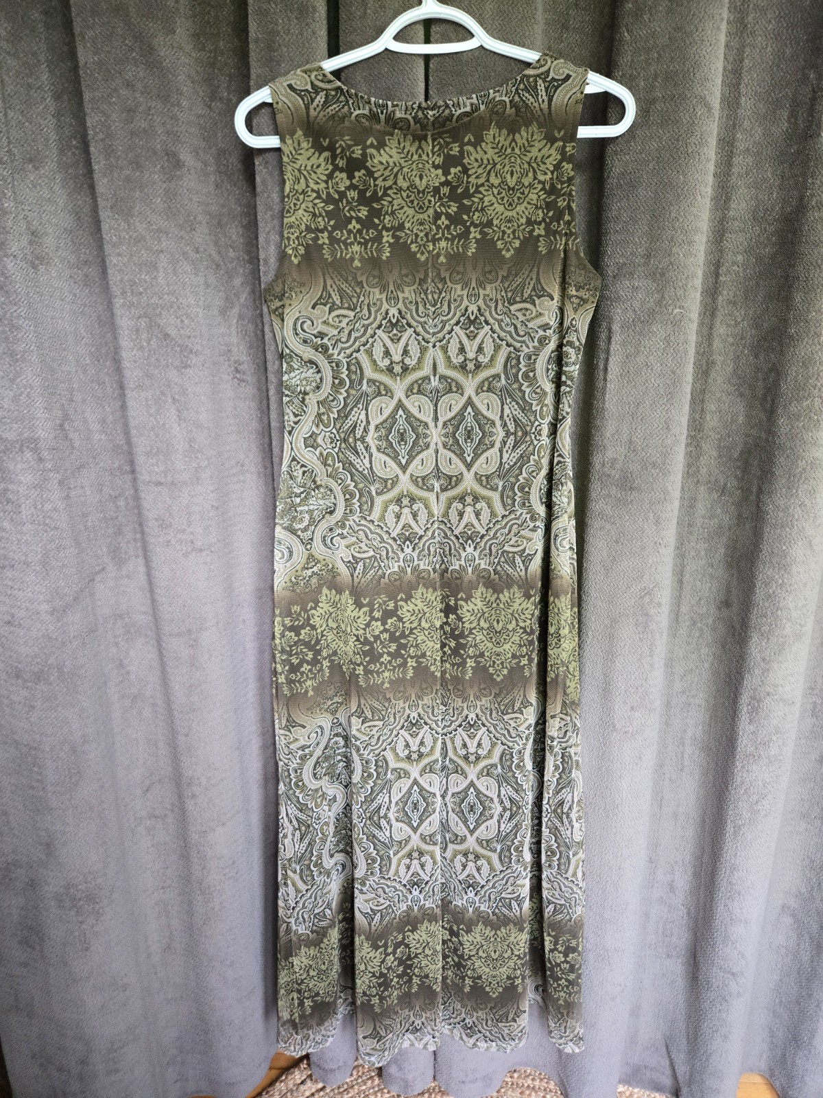 Vintage 90s Sleeveless Olive Green Printed Maxi Dress Mesh Whimsigoth Grunge