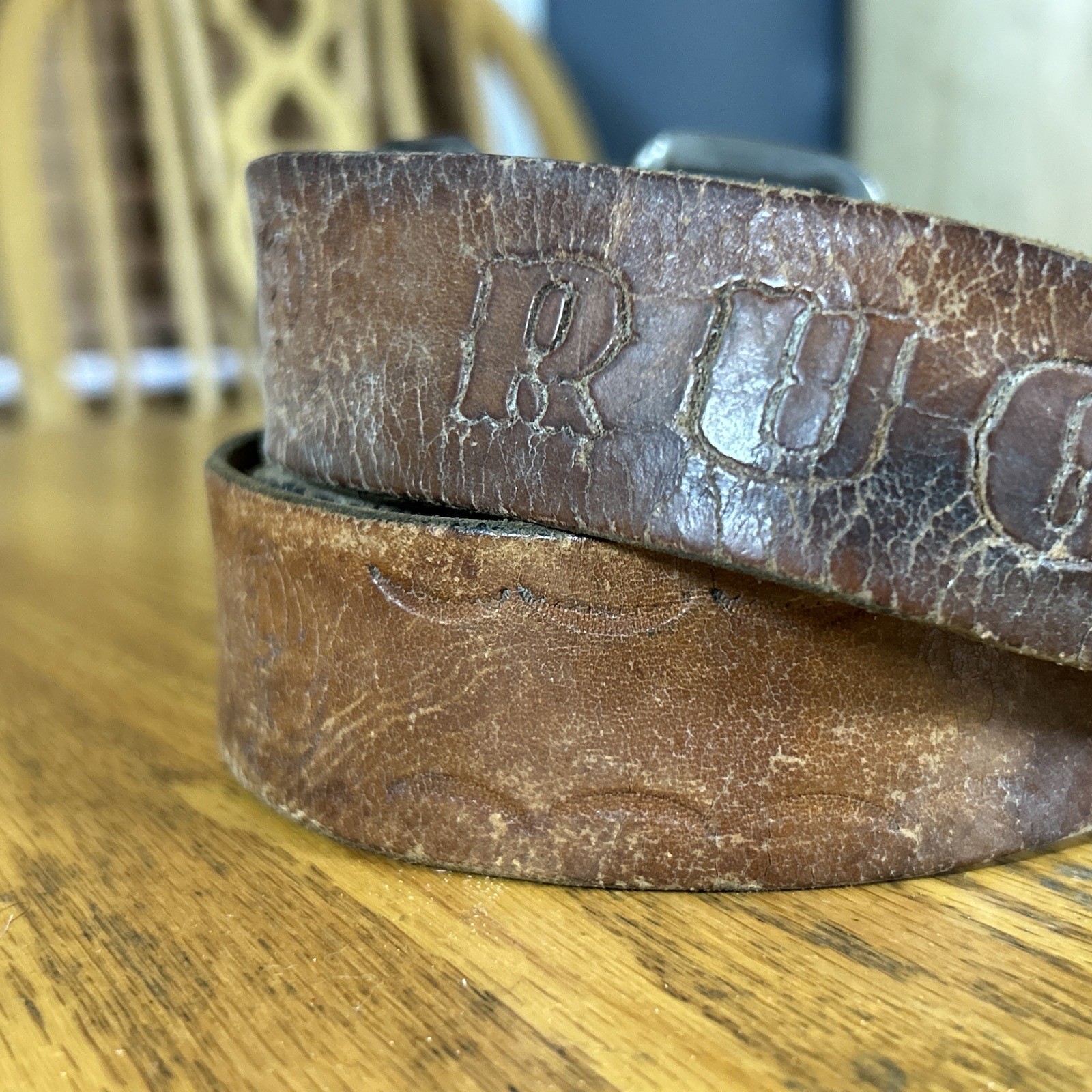 Vintage Ruger Tooled Leather Belt Thrashed Western Style Snowmobile 41.5″ 70s-80