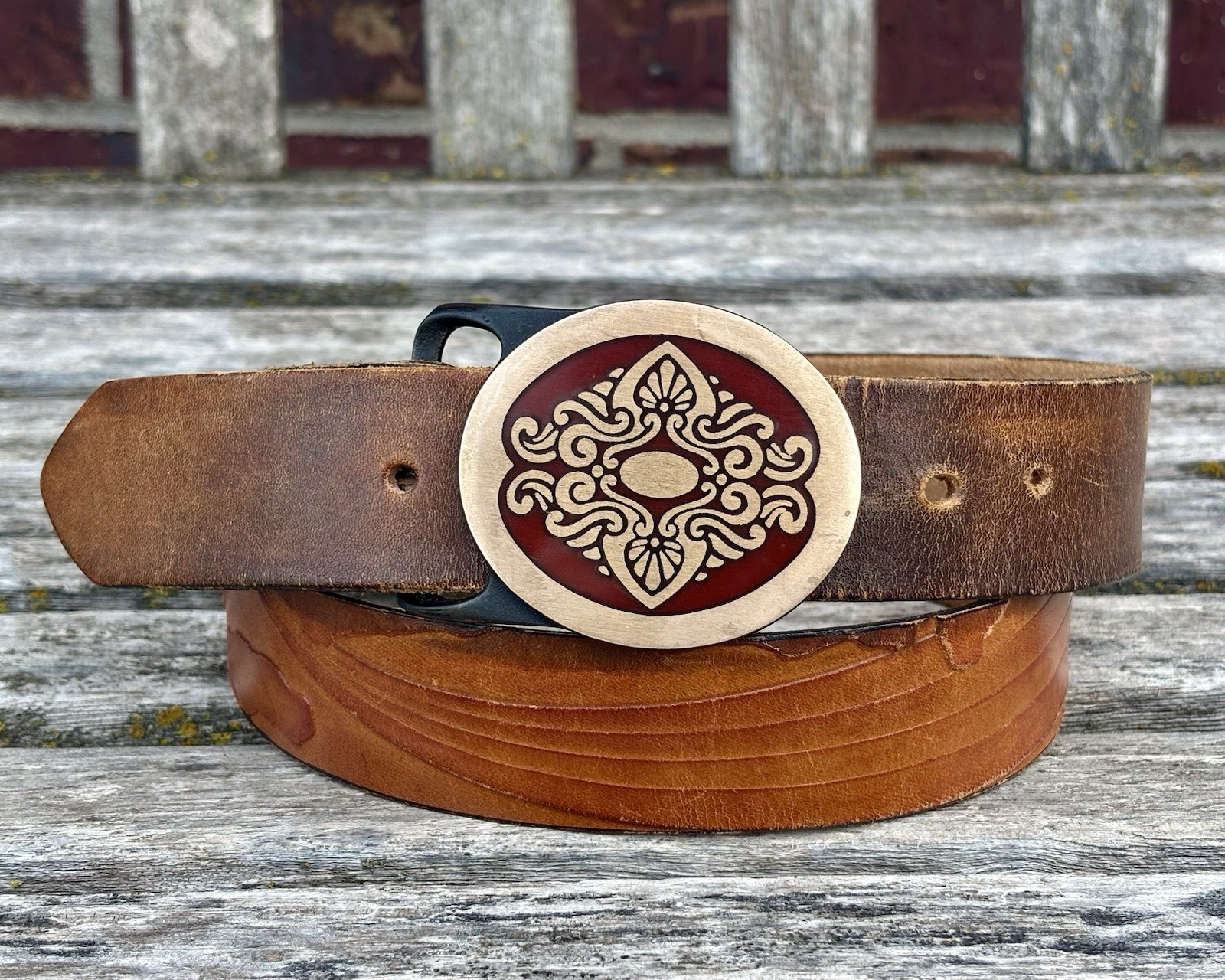 Vintage Tech Ether Guild 1978 Brocade Solid Brass Buckle w/Brown Leather Belt 36