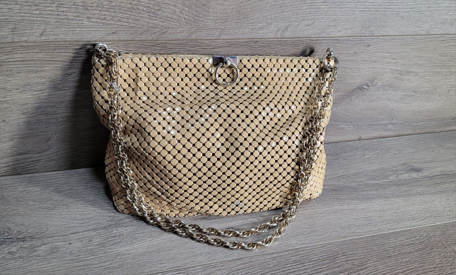 Vintage Whiting & Davis Elegant Nude Handbag Painted Enamel Metal Mesh 1930s