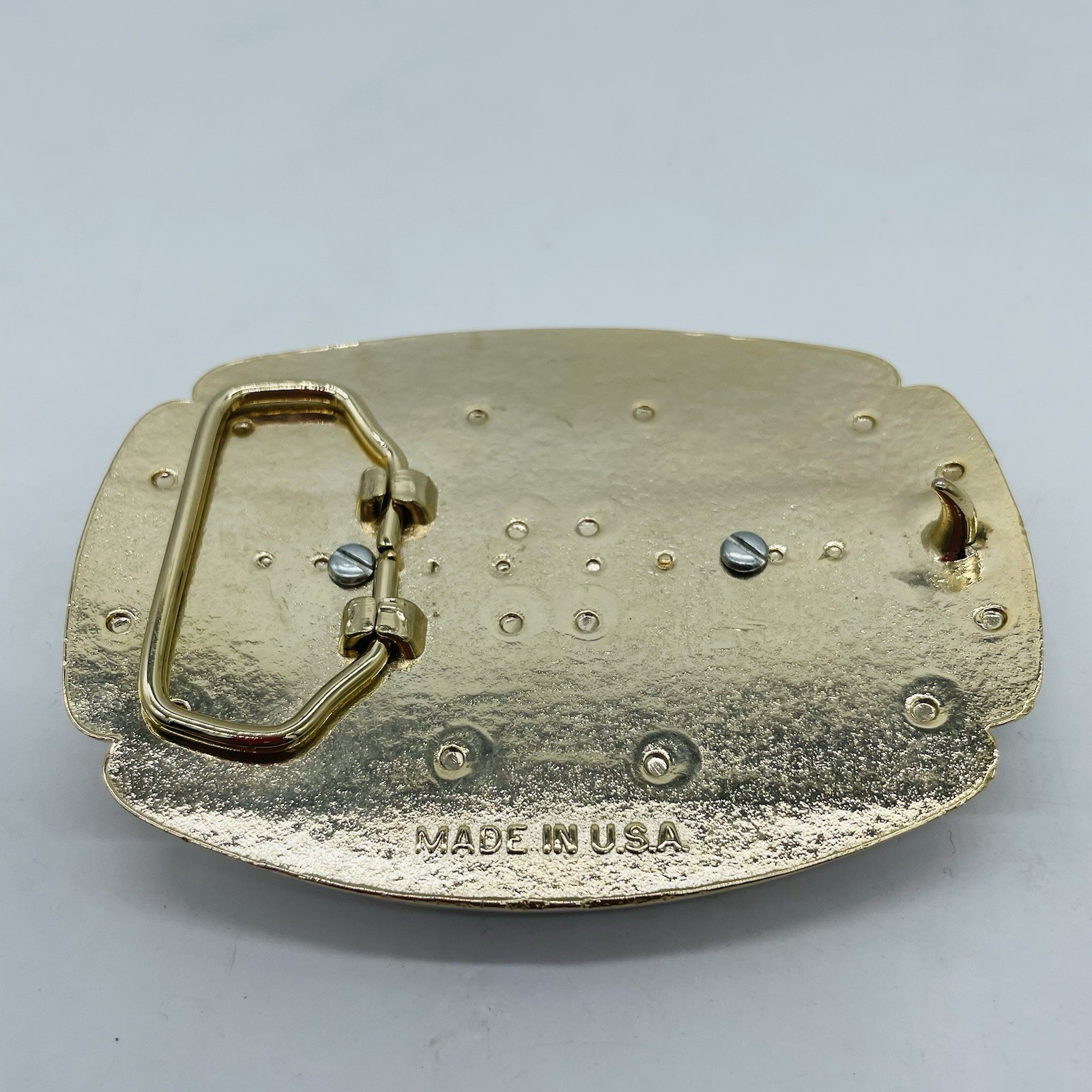 Vtg Gold & White w/ Round Tan Brown Brazil Agate Belt Buckle Made in the USA