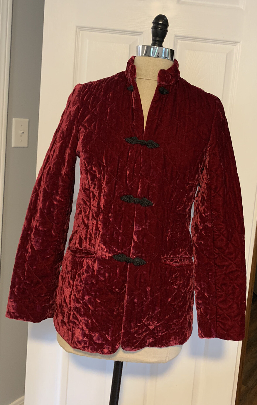 Vintage 1990s Red Velvet Blazer Jacket Frog Closure Whimsy Goth Victorian Boho
