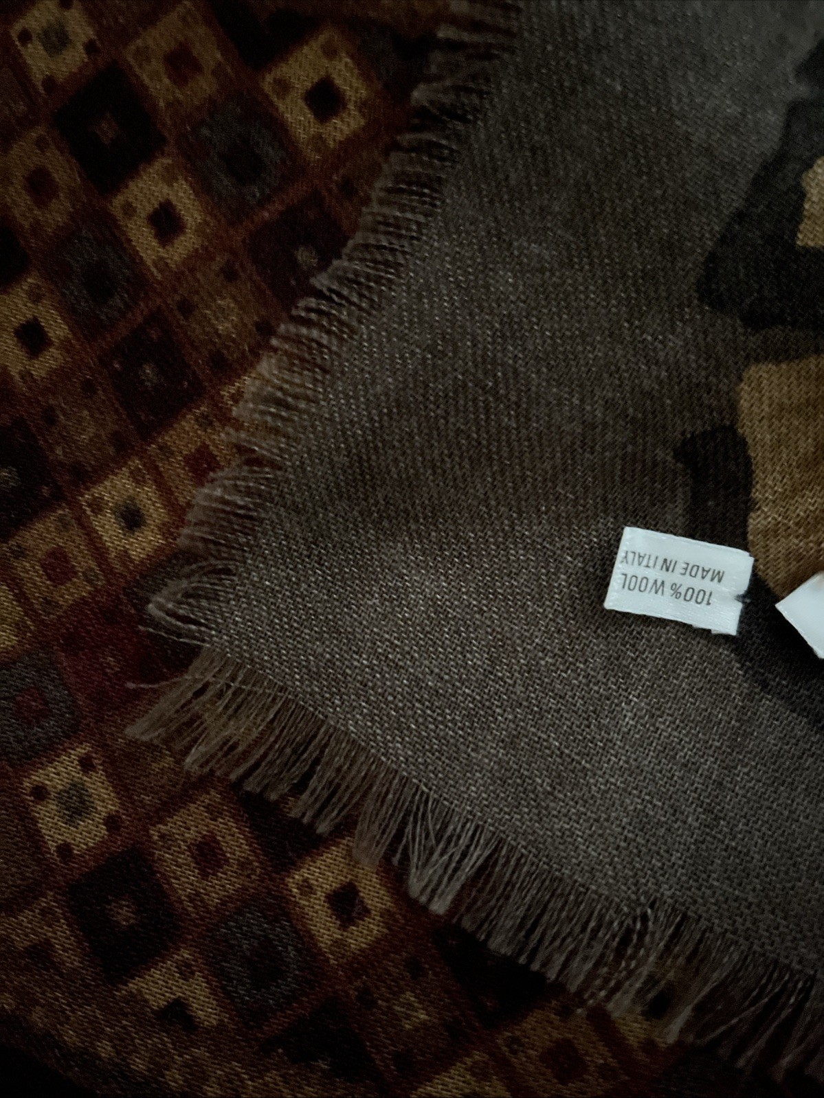 SAKS – VINTAGE – 100% Wool Large Scarf 46” X 46” Brown – Burgundy – Gold – Italy