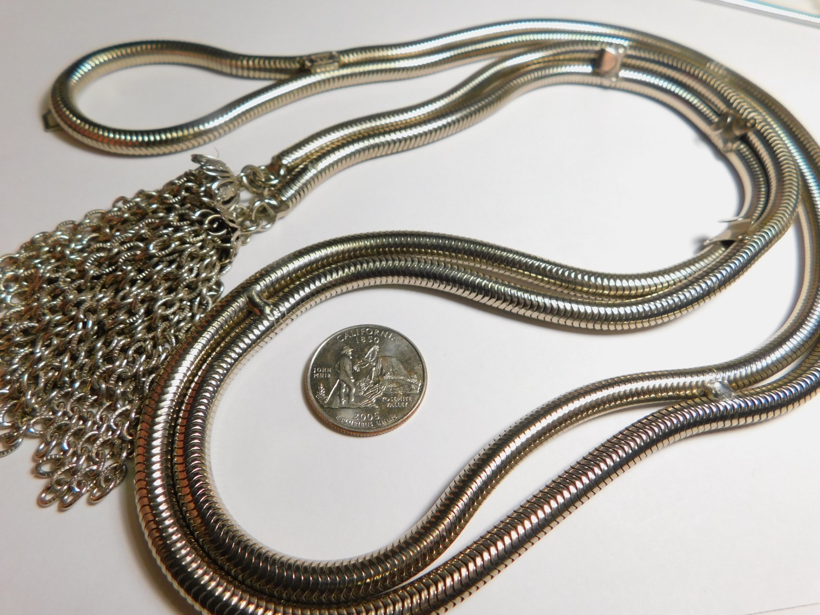 Signed Christian Dior Vintage Silver Tone Lariat Snake Chain Tassel Belt Vintage