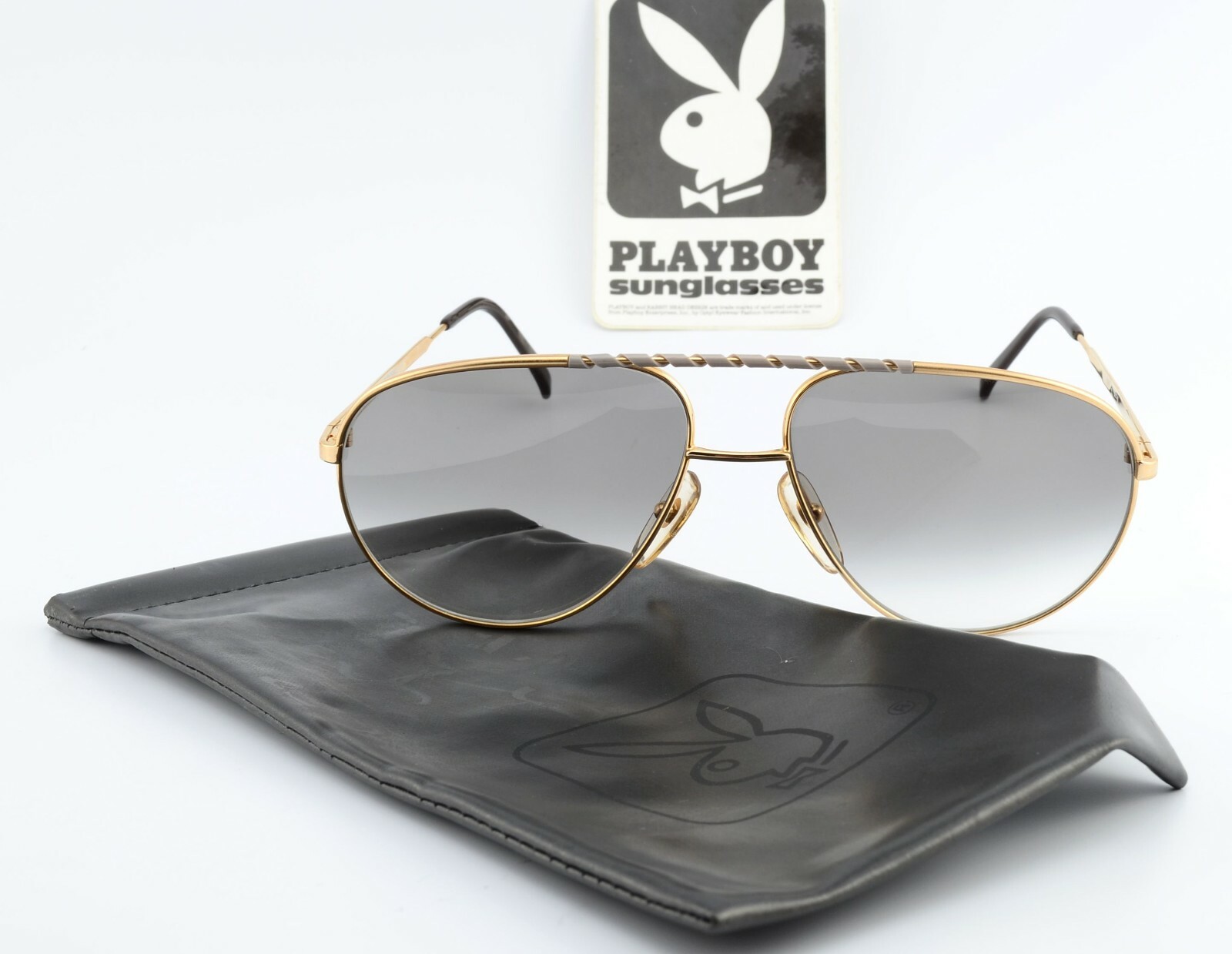 PLAYBOY Sunglasses 4599 49 60-16 Gold White Metal Vtg 80s Deluxe Pilot ML Bunny