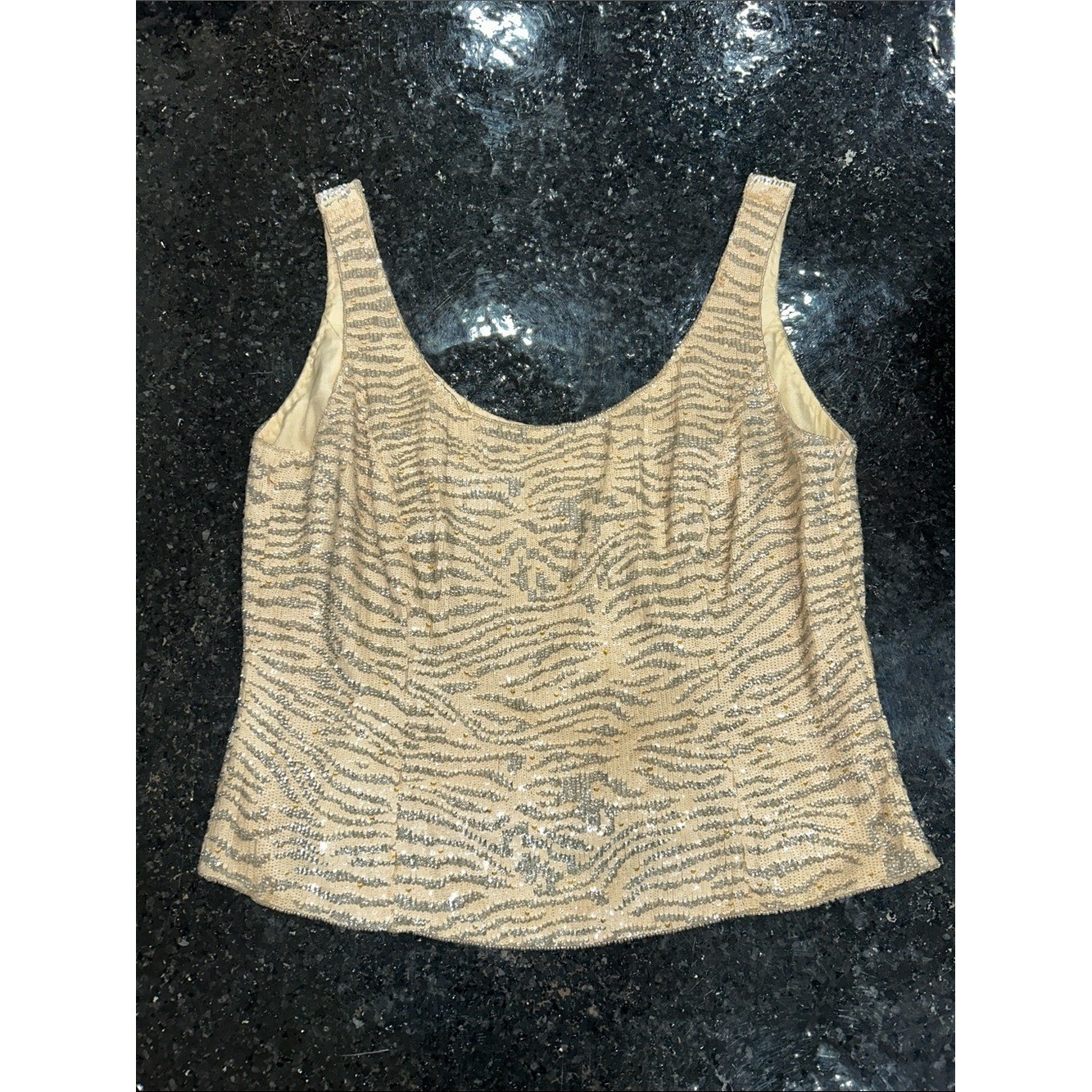 Vintage CACHÉ 90s Beaded 100% Silk Zebra Top Y2K Animal Print Tank Size 44