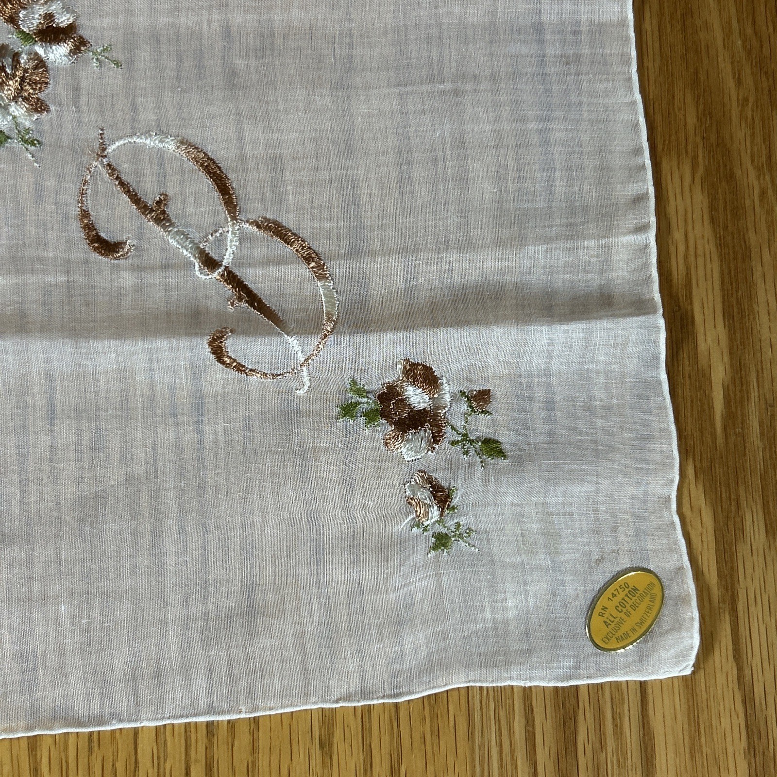 Vintage Swiss Monogram B Handkerchief Sheer White Floral RN 14750 Wedding Hanky