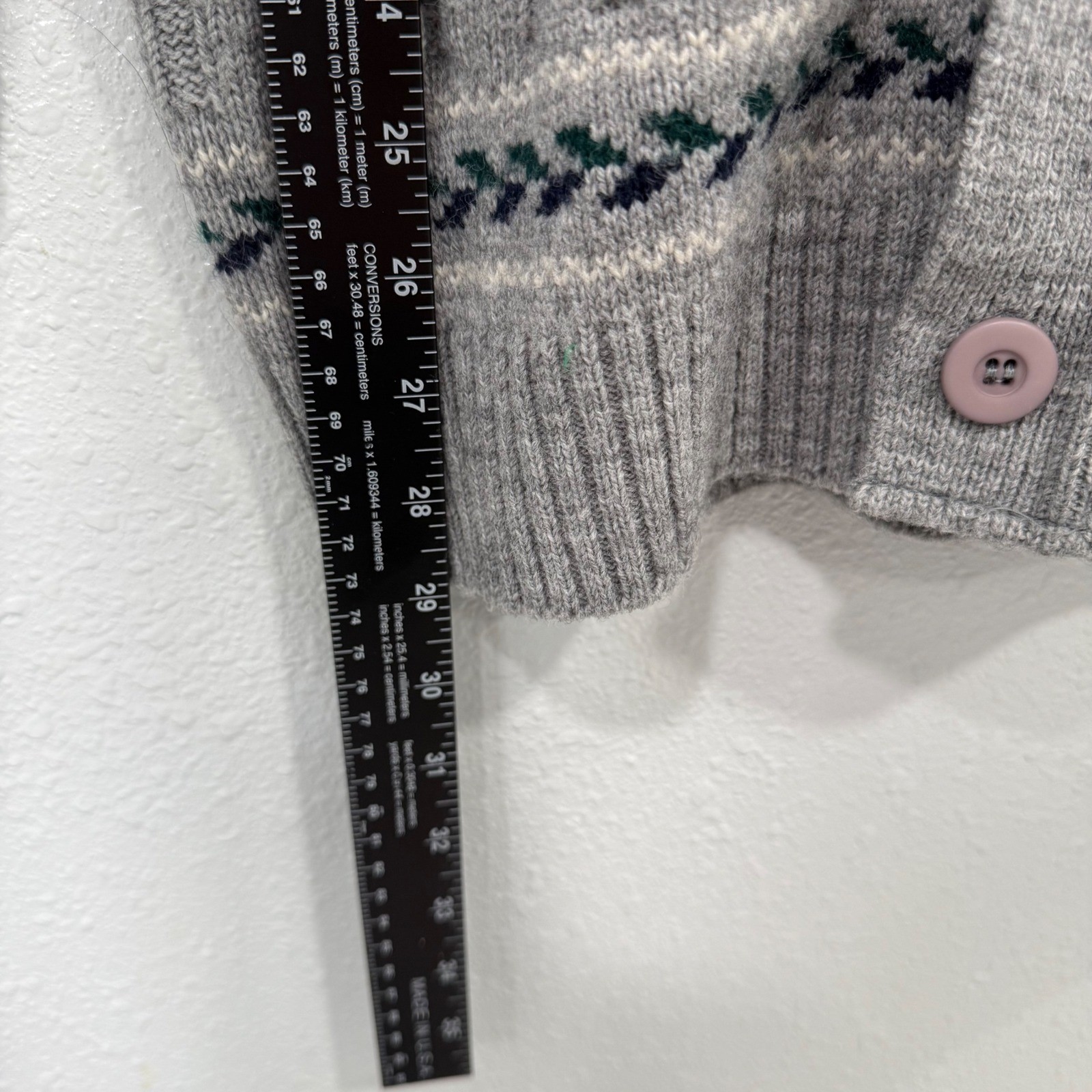Lord Jeff Vintage Grey Fair Isle Cable Knit Cardigan Sweater Mens Medium USA
